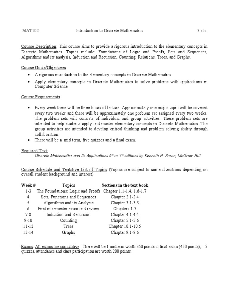 Course Description: Discrete Mathematics and Its Applications 6 Or7 ...