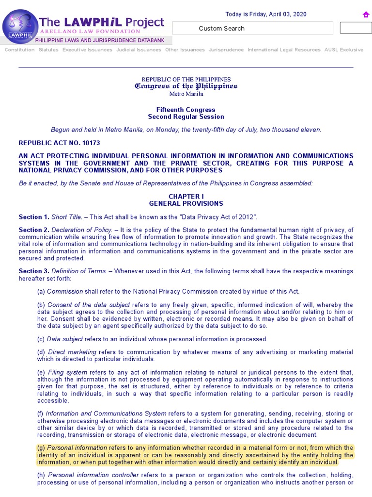 RA 10173 Data Privacy Act PDF Information Privacy Regulatory