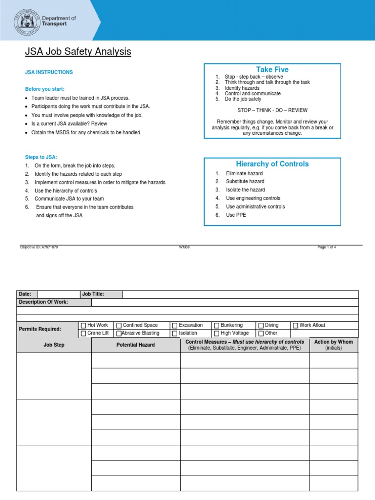 JSA Job Safety Analysis: Take Five | PDF | Change Management | Safety