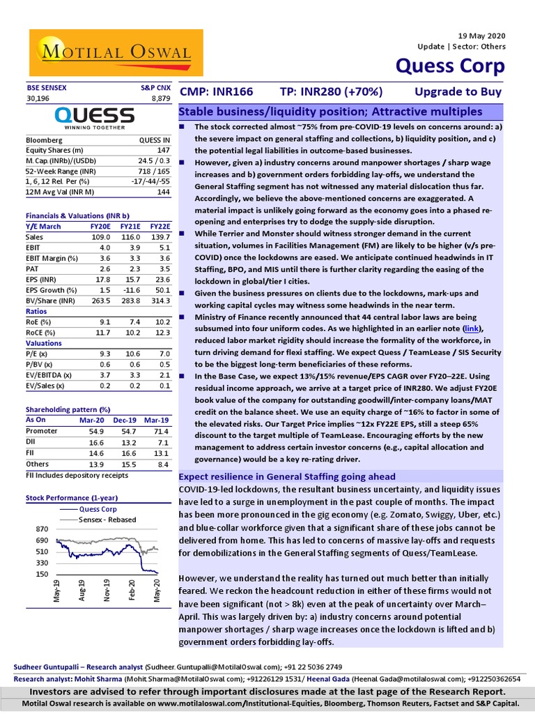 Quess Corp: CMP: INR166 TP: INR280 (+70%) Stable Business/liquidity ...