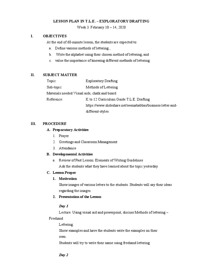 Grade 8 TLE Lettering Lesson Plan | PDF | Lecture | Lesson Plan