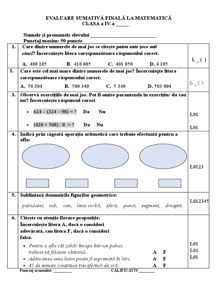 Test Mate Sumativ Final Clasa 4 | PDF