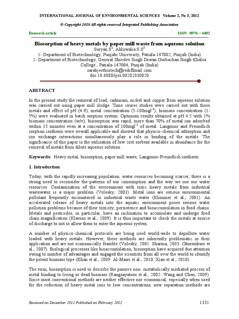 Biosorption of Heavy Metals by Paper Mill Waste From Aqueous Solution ...
