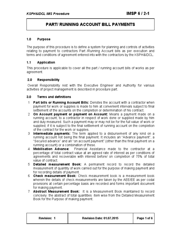 Running Account Bill Payment Procedure | PDF | Payments | Measurement