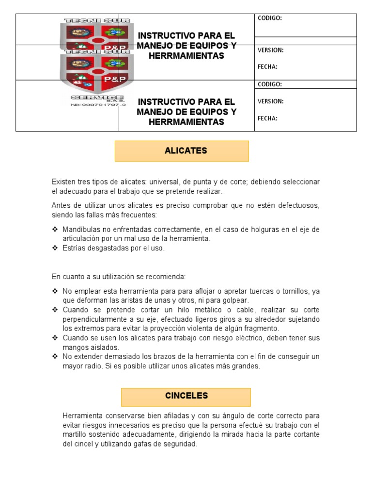Instructivo para El Manejo de Equipos y Herrmamientas | PDF | Tornillo ...