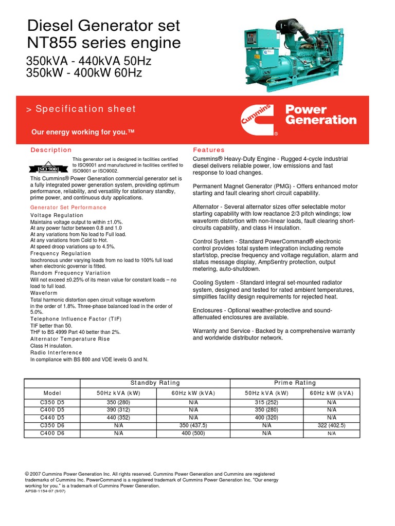 Diesel Generator Set NT855 Series Engine: 350kVA - 440kVA 50Hz 350kW ...