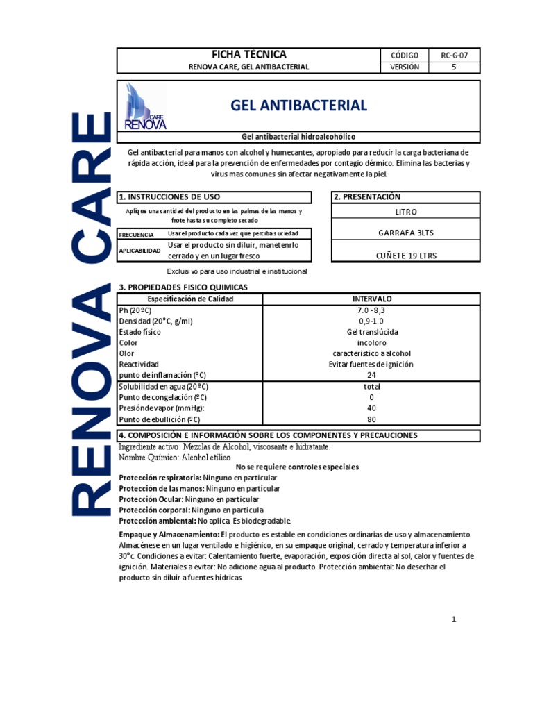 Ficha Tecnica Gel Antibacterial PDF | PDF | Alcohol | Agua