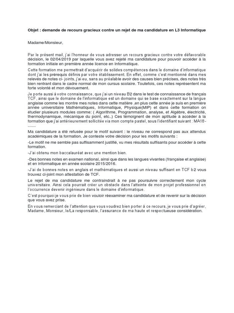 Lettre De Recours Gracieux Pour Refus De Visa Pdf Recours Gracieux Modéle PDF | PDF | Informatique | Enseignement des  mathématiques