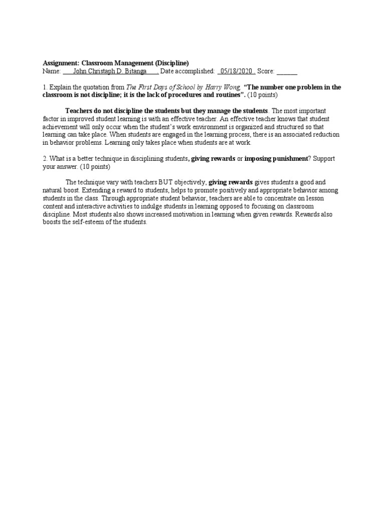 Assignment: Classroom Management (Discipline) | PDF | Career & Growth