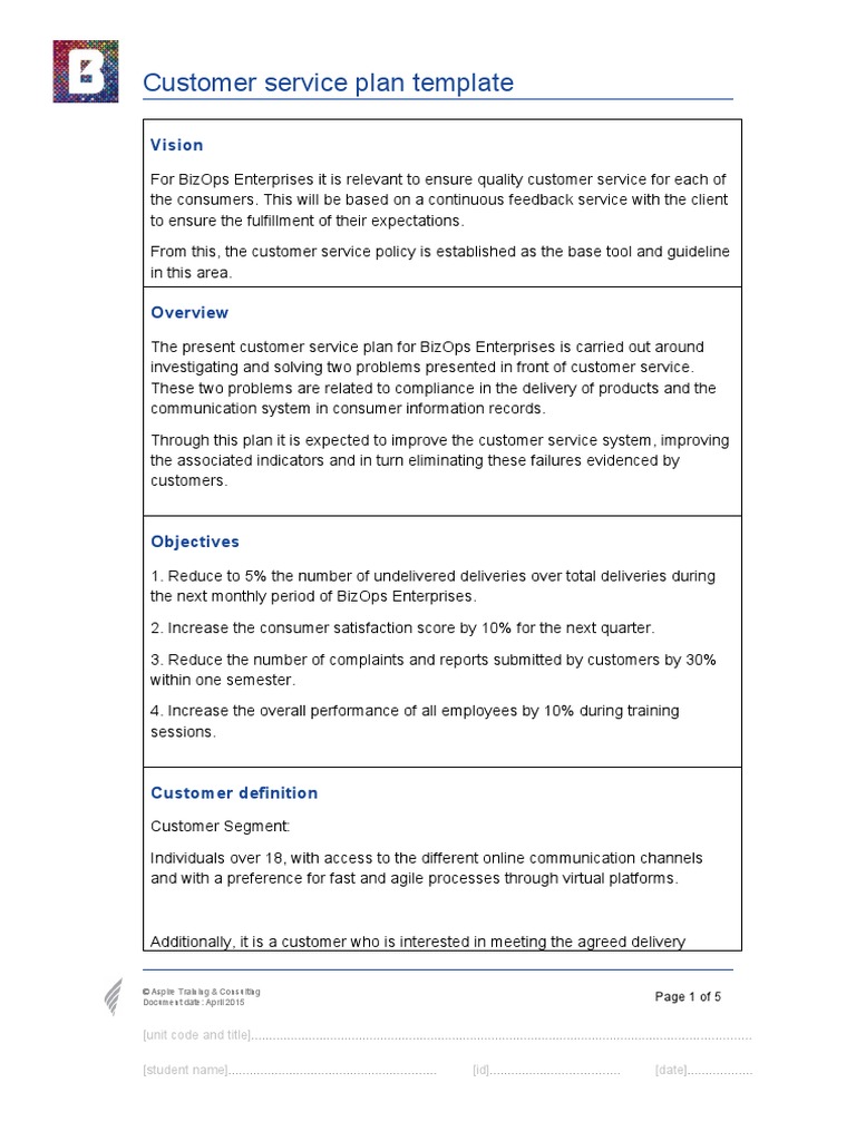 Customer Service Plan Template Vision PDF Customer Service Customer