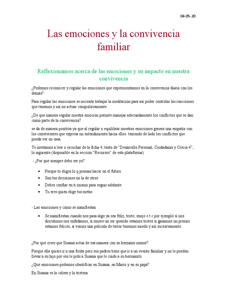 Las Emociones y La Convivencia Familiar - Docxdpcc | PDF