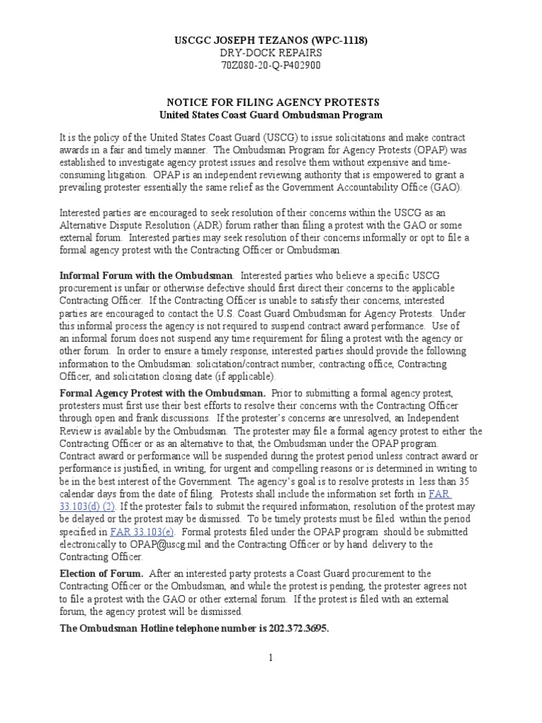 Combined Synopsis Solicitation For CGC JOSEPH TEZANOS PDF Specification (Technical Standard