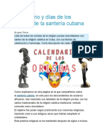Calendario y Días de Los Orishas de La Santería Cubana
