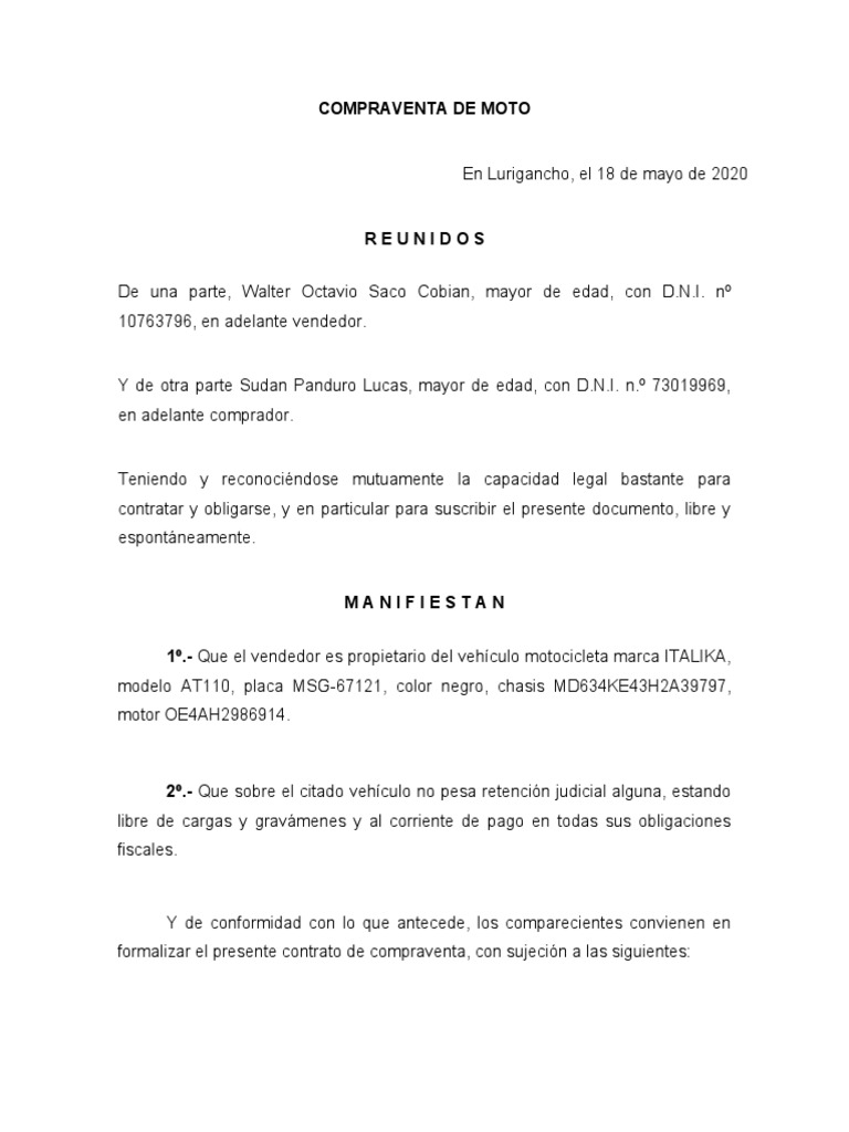 Compraventa de Moto Entre Particulares | PDF