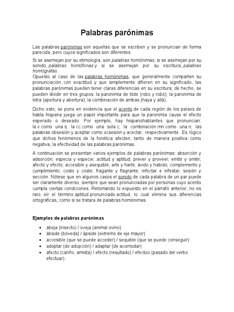 Ejemplos y significado de parónimos | PDF | Verbo | Semiótica