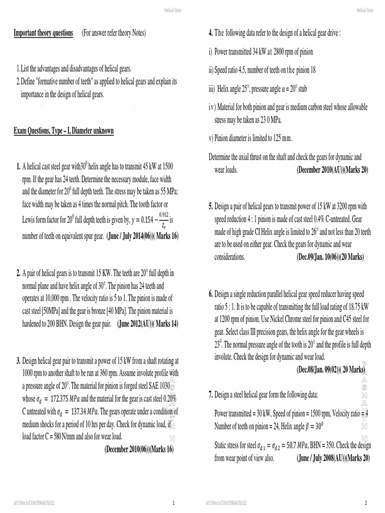 Helical Gear Problem PDF PDF Gear Mechanical Engineering