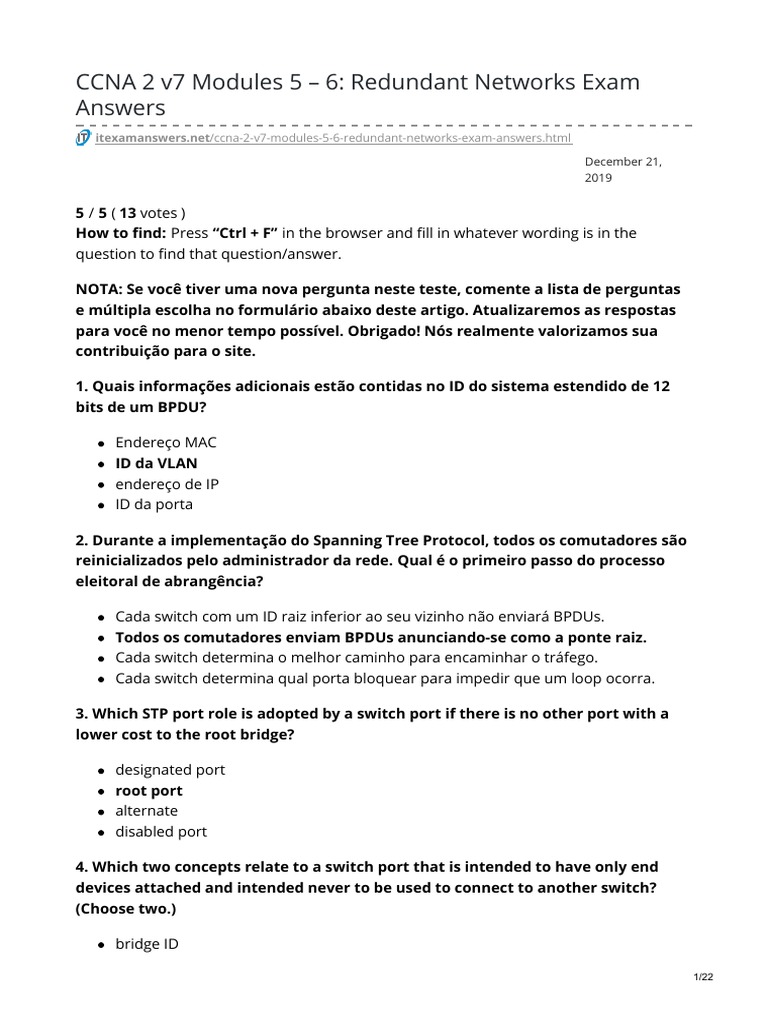 CCNA 2 v7 Modules 5 6 Redundant Networks Exam Answers PDF Network Switch Physical Layer