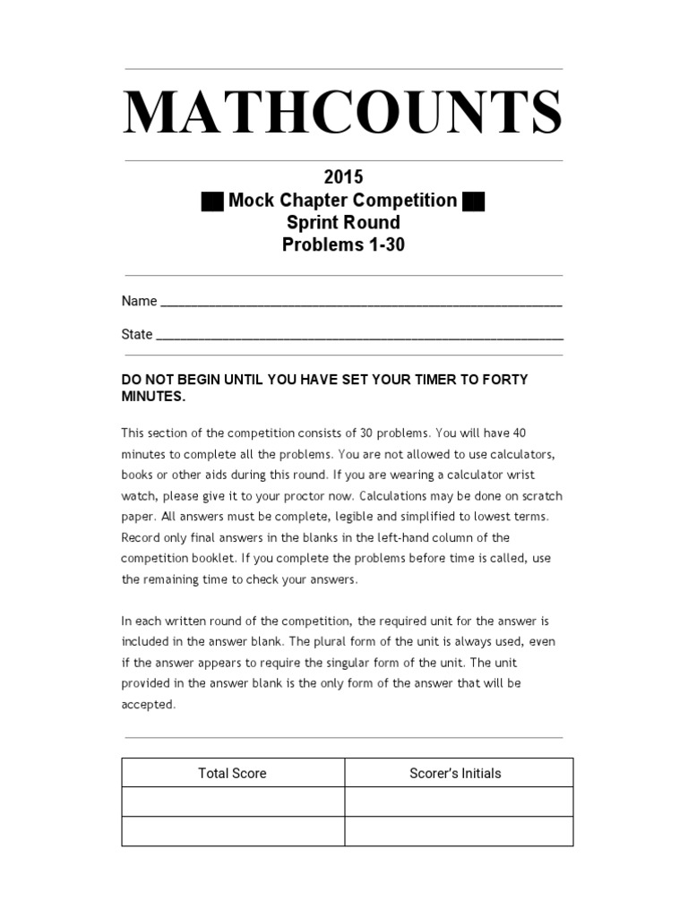 Mathcounts 2015 Mock Chapter Competition Sprint Round Problems 1 30
