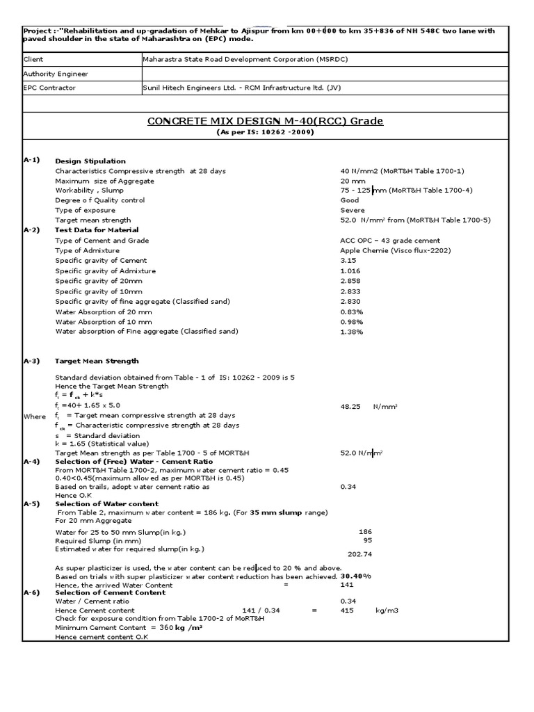 Concrete Mix Design M40 (RCC) Grade PDF Construction Aggregate