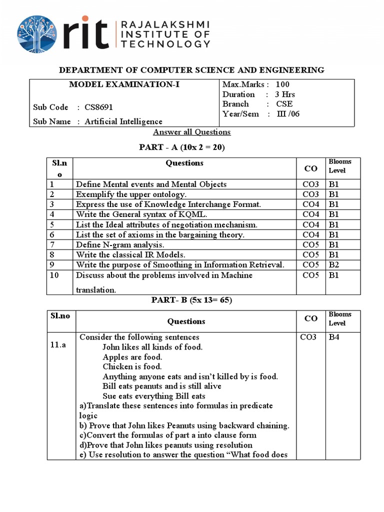 Department of Computer Science and Engineering Model Examination-I ...