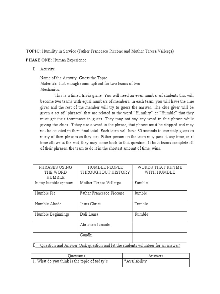 Lesson Plan Founders PDF Catechism Humility