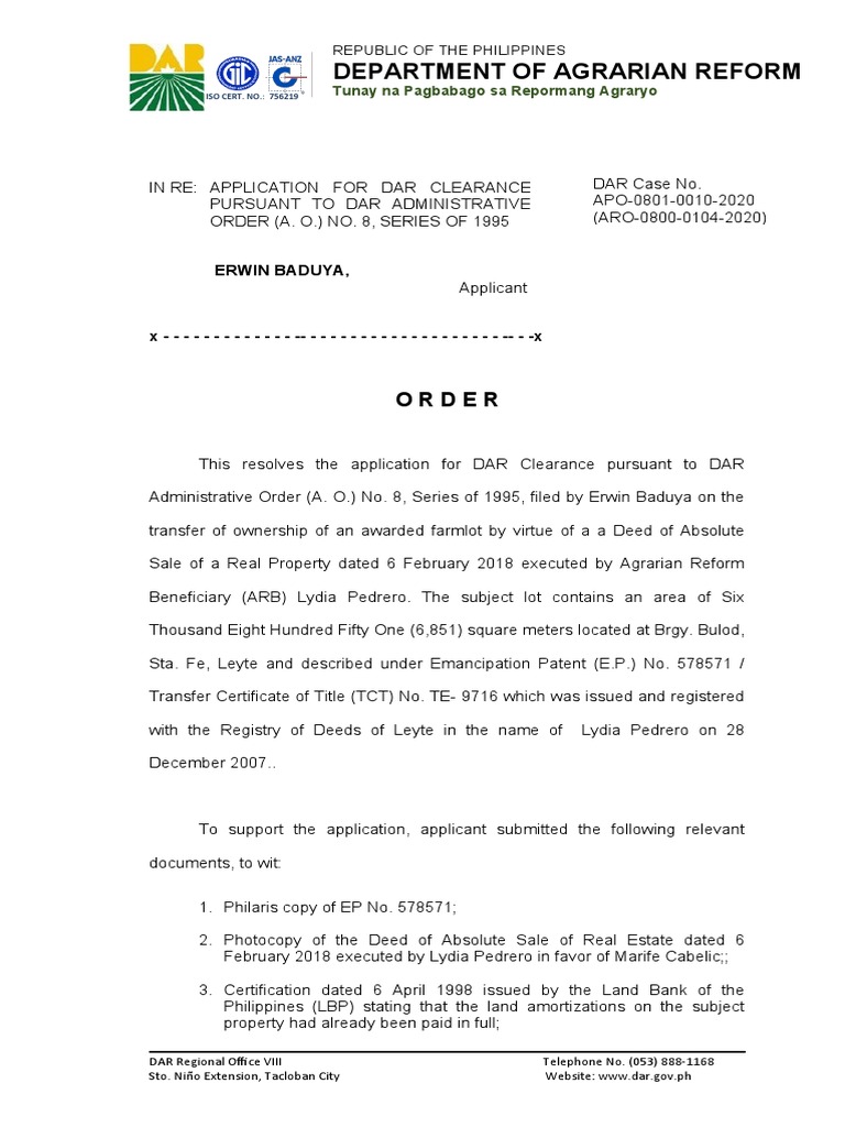 Department of Agrarian Reform: Order | PDF | Deed | Virtue