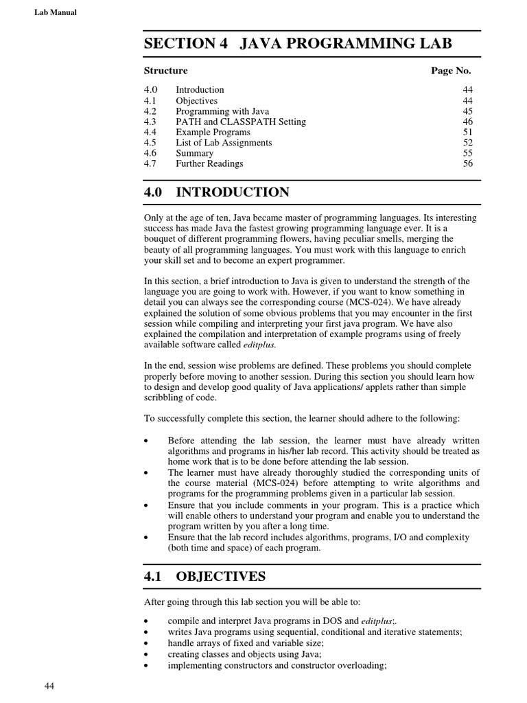 Section 4 Java Programming Lab: Structure Page No | PDF | Java ...