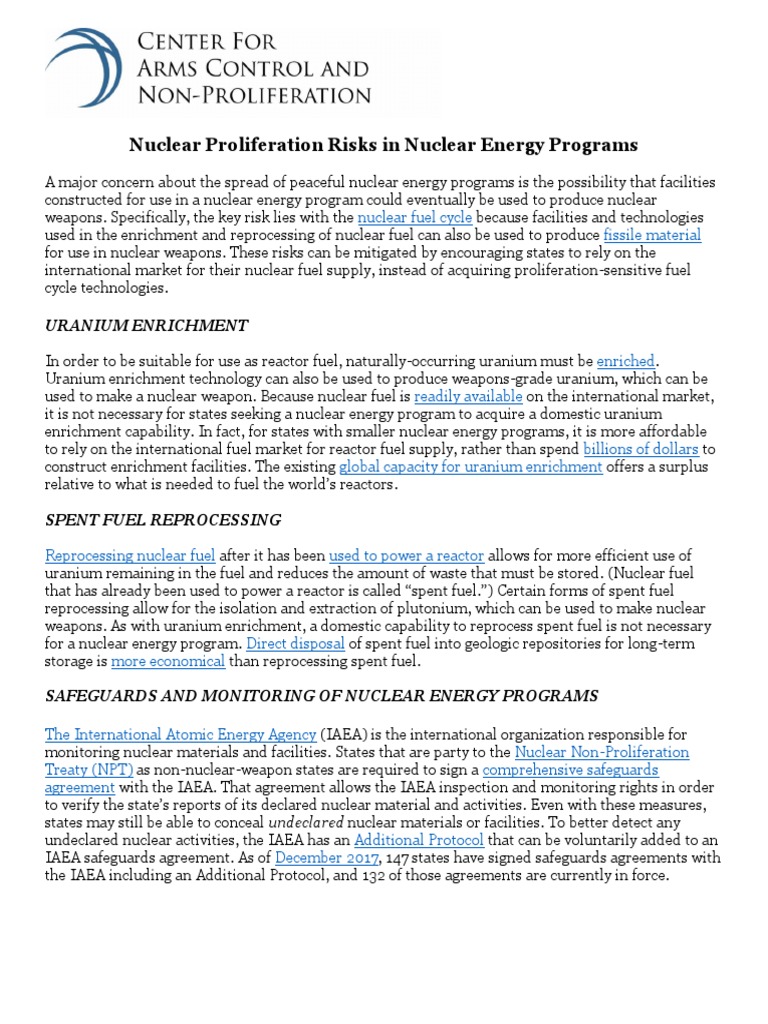 Factsheet - Civil Nuclear Energy Proliferation Risks | PDF | Nuclear ...
