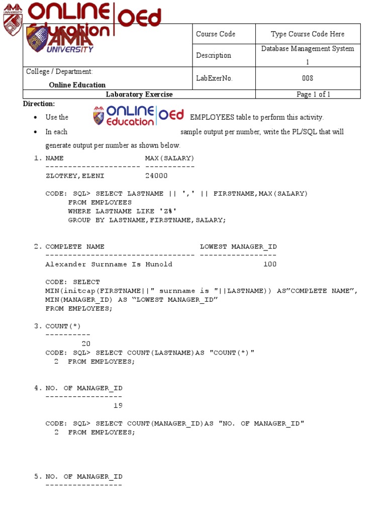PL/SQL Exercises for Employee Data | PDF | Databases | Information ...