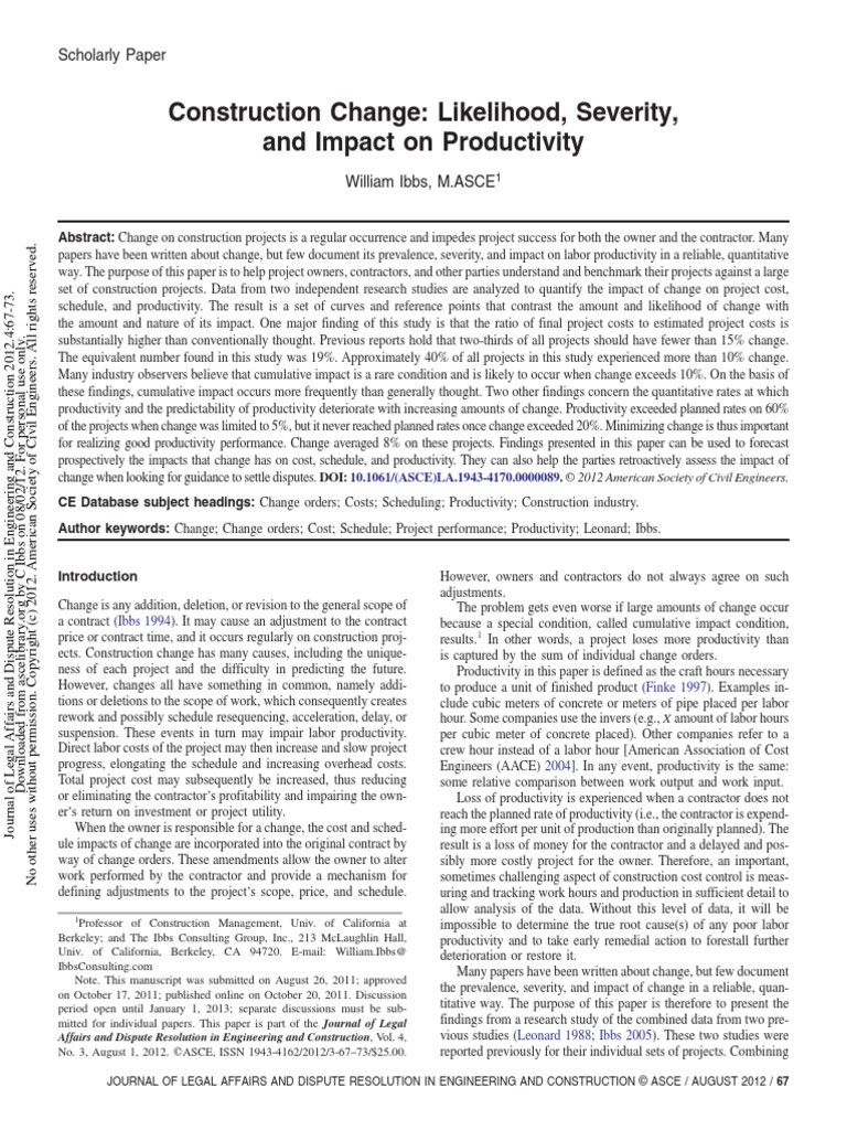 Construction Change: Likelihood, Severity, and Impact On Productivity ...