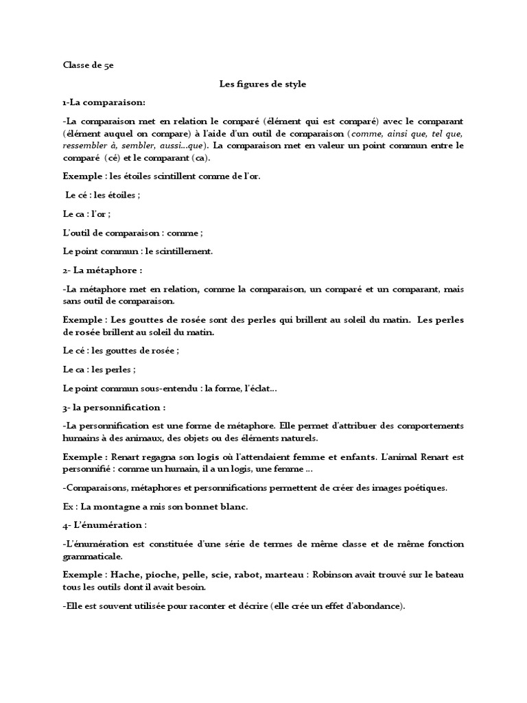 Les Figures De Style Exercices Corrigés 5ème Les Figures de Style - Cours | PDF | Techniques de rhétorique | Mécanismes  de la poésie