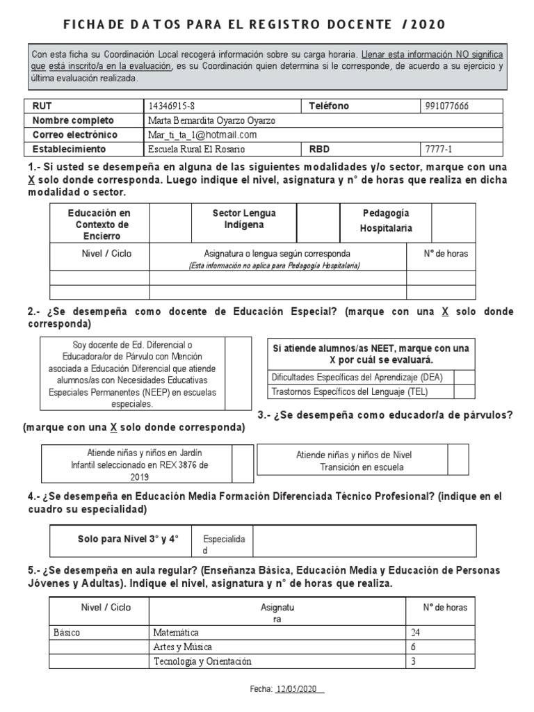 Ficha de Datos para El Registro Docente | PDF | Educación de la primera ...