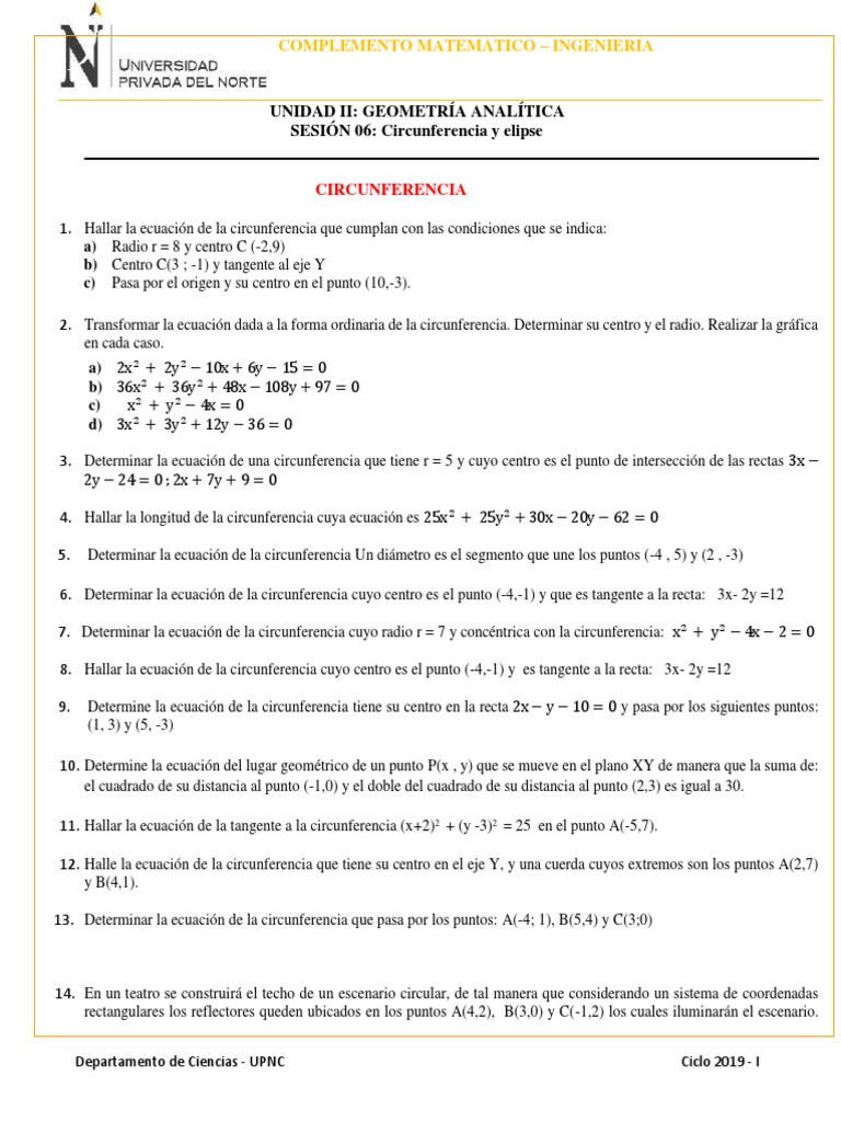 Hoja De Practica Circunferencia Y Elipse Elipse Circulo
