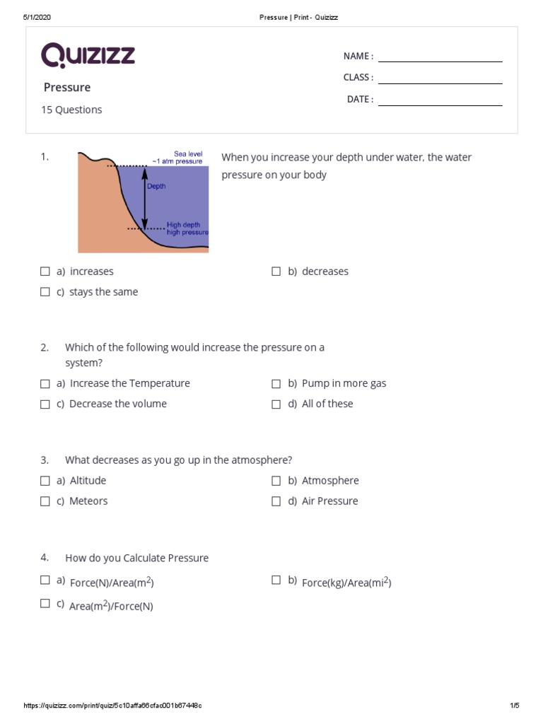 Pressure Print Quizizz PDF Buoyancy Pressure