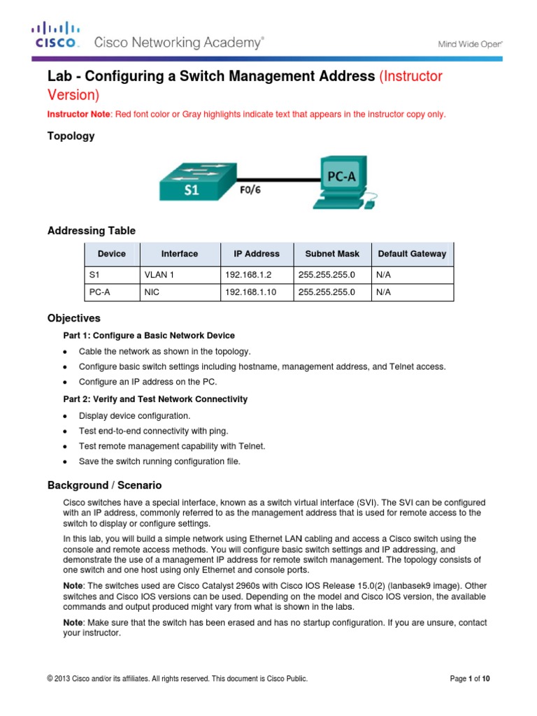 2.3.3.5 Lab - Configuring A Switch Management Address - ILM PDF | PDF ...