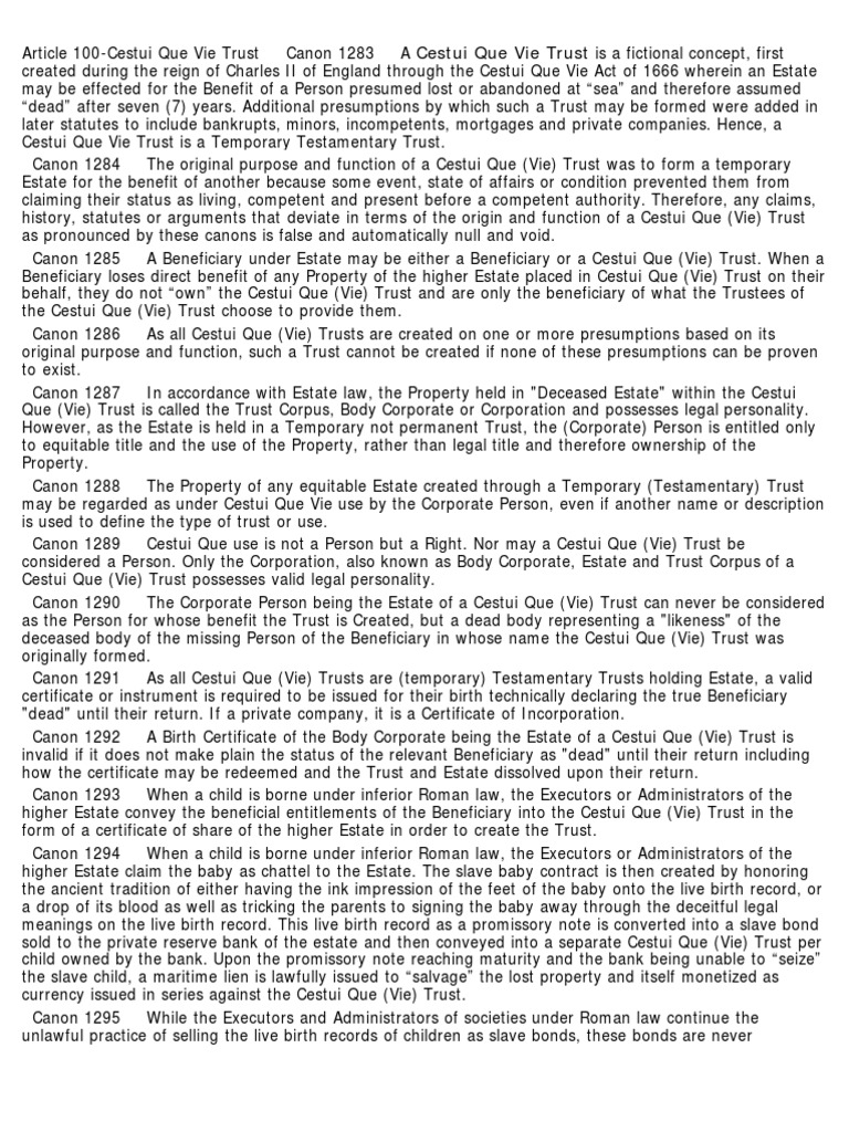 Cestui Que Vie Trust Beneficiary (Trust) Trust Law