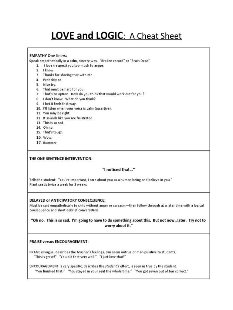 Love and Logic (Cheat Sheet) KES Principals PDF Psychological