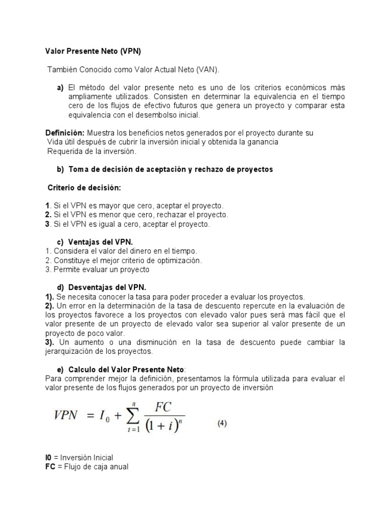 Fórmula y Definición del Valor Presente Neto | PDF | Valor presente ...