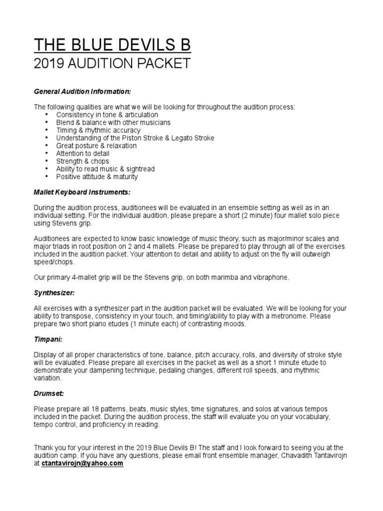 Blue Devils B Audition Packet PDF Audition Music Theory
