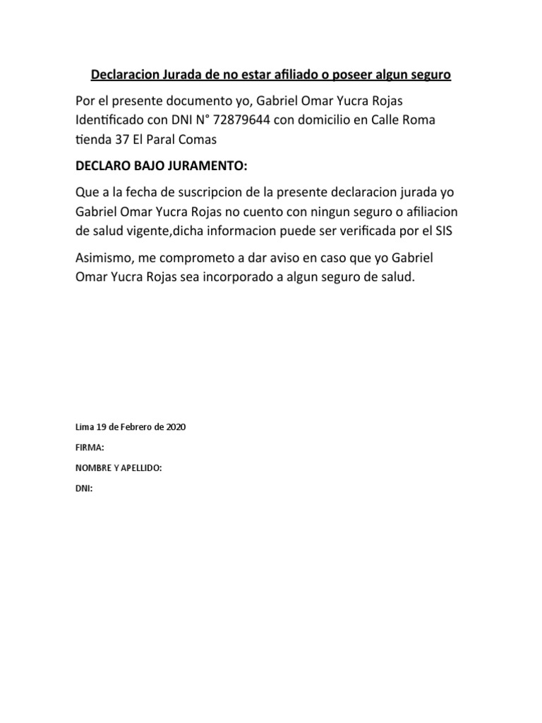 Declaración Jurada de No Seguro | PDF | Ciencias sociales
