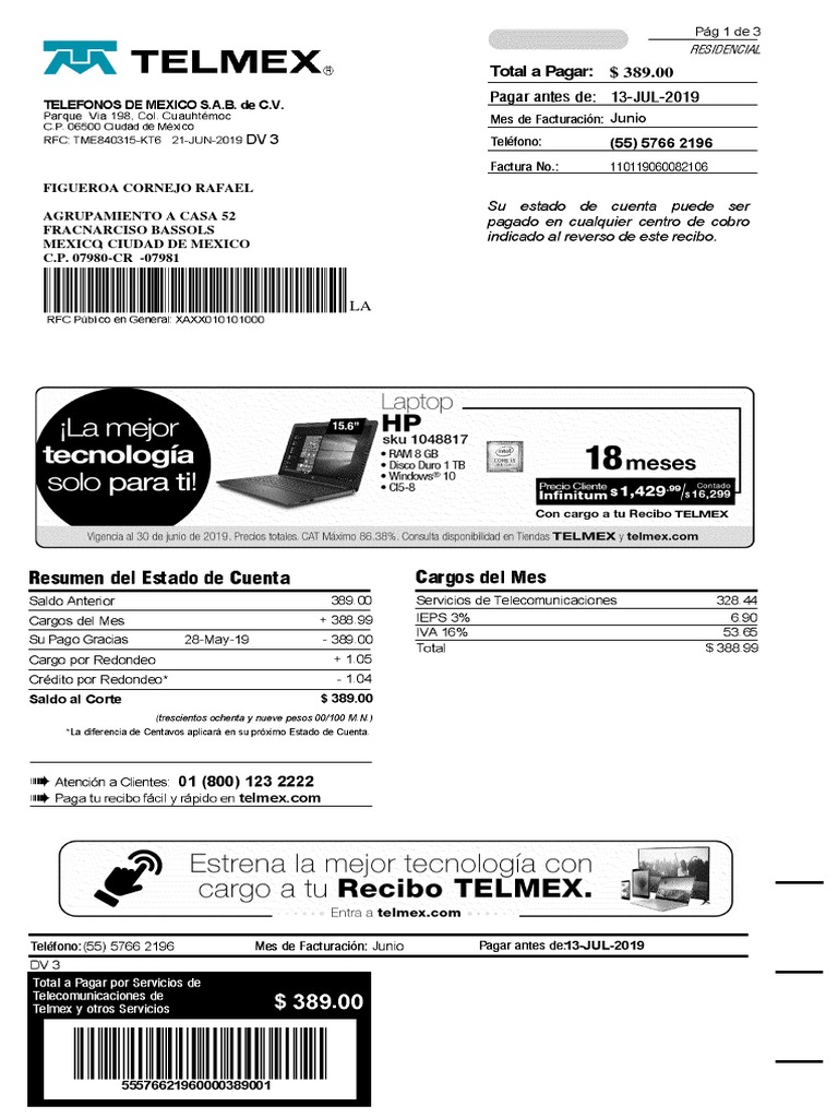 Recibo Telmex PDF | PDF