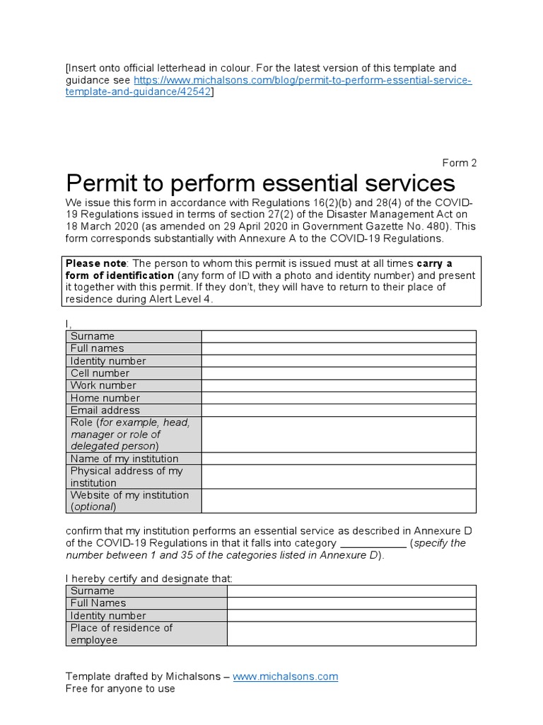 Essential Services Permit Template | PDF | Government | Government ...