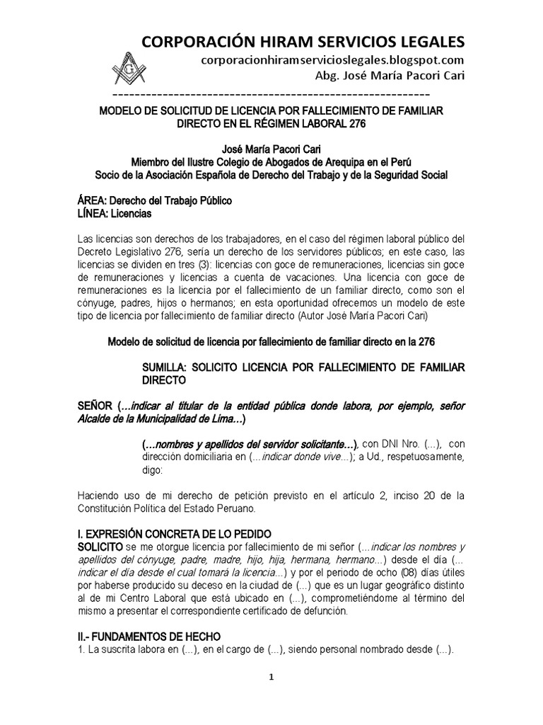 Modelo Solicitud Licencia Por Fallecimiento Familiar Directo Régimen  Laboral 276 - Autor José María Pacori Cari | PDF | Derecho laboral |  Gobierno