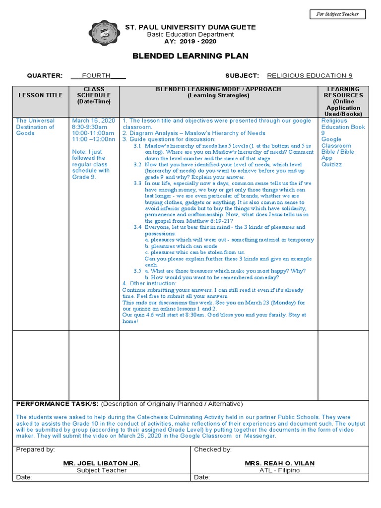 Blended Learning Plan: St. Paul University Dumaguete | PDF | Hierarchy ...