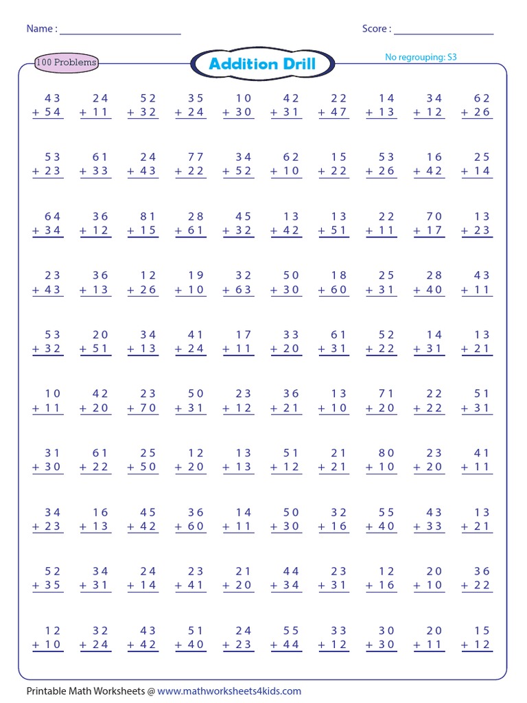 Addition Drill: 100 Problems with No Regrouping | PDF