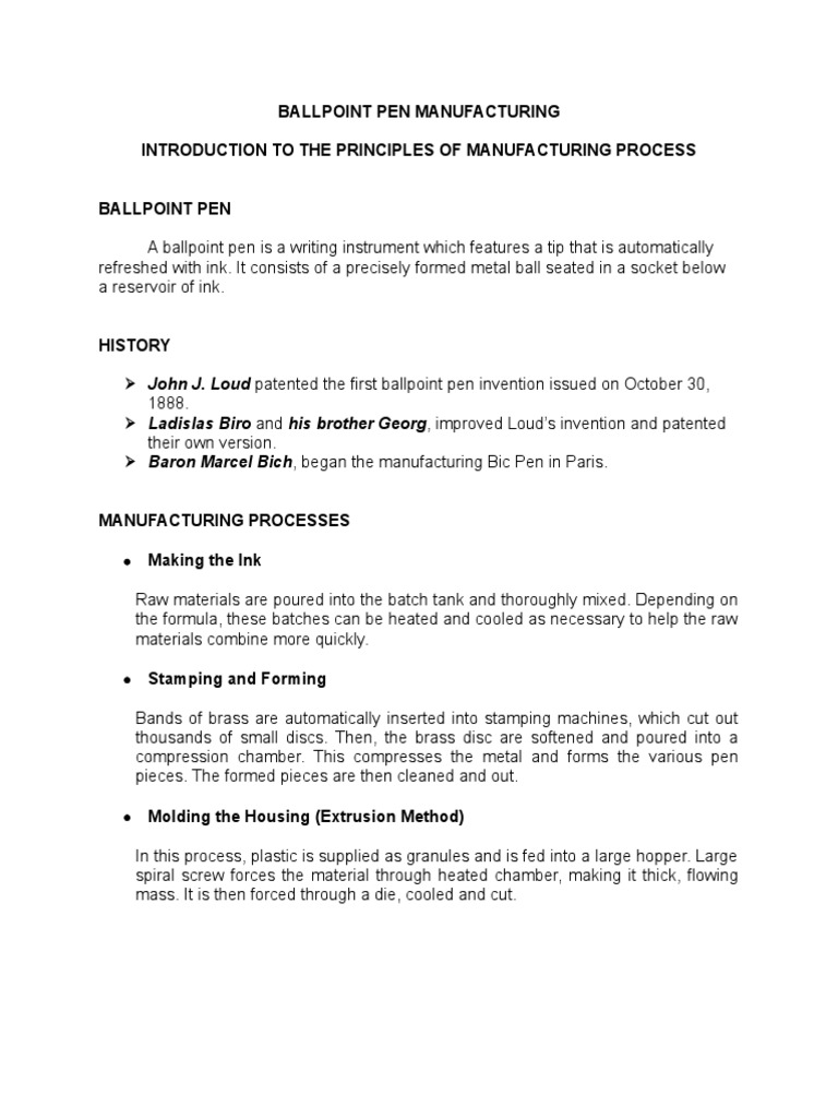 Ballpoint Pen Manufacturing Introduction To The Principles of