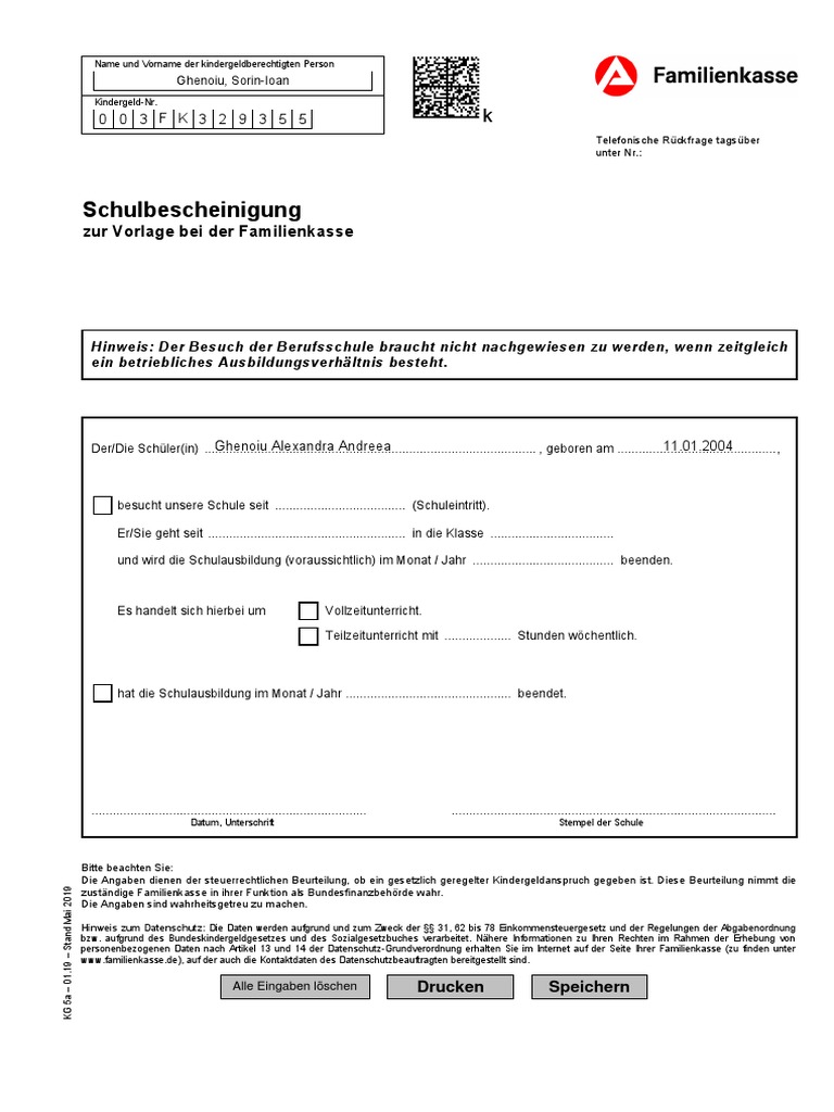 Schulbescheinigung Zur Vorlage Bei Der Familienkasse Po Polsku