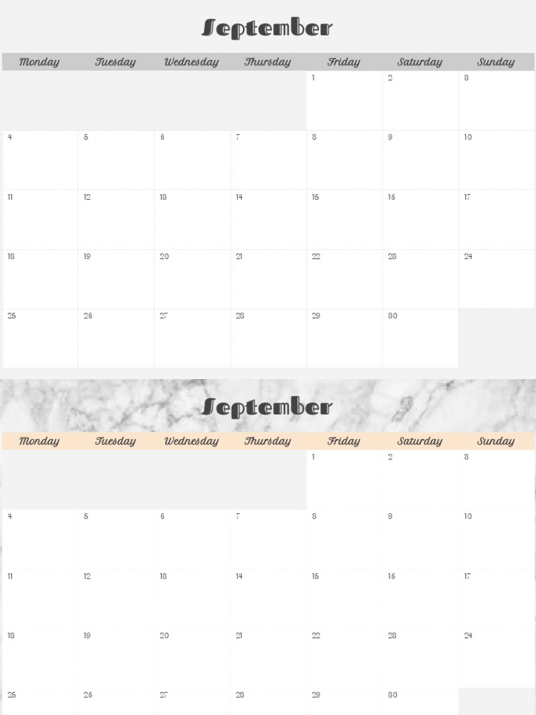 September: Monday Tuesday Wednesday Thursday Friday Saturday Sunday | PDF