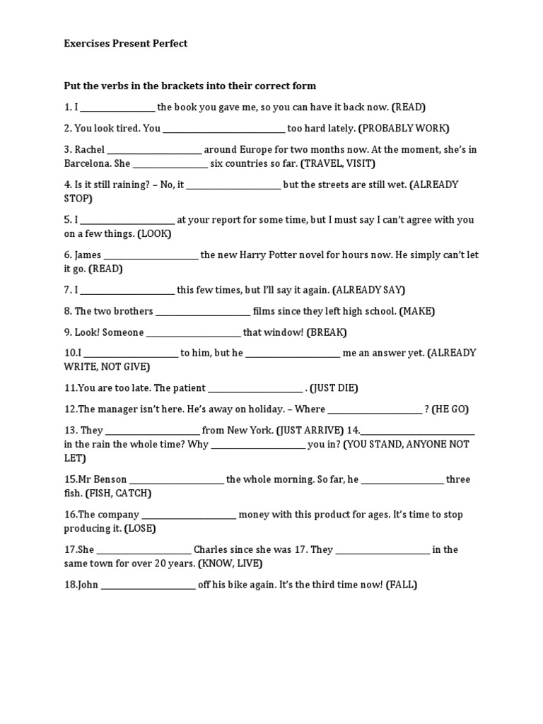 Present Perfect Exercises Worksheet | PDF | Language Arts & Discipline