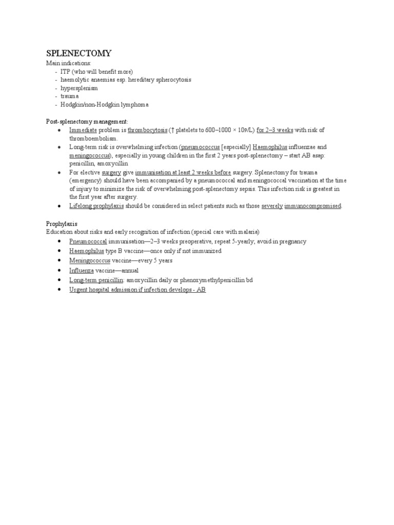 Indications and Management of Splenectomy | PDF